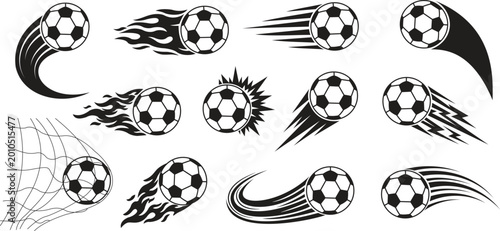 Soccer ball flying icon set, football kick with motion trail and fire flames, goal net and speed effects, sports tournament symbols, fast action game elements, black vector graphic collection.