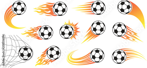 Soccer ball flying icon set, football kick with motion trail and fire flames, goal net and speed effects, sports tournament symbols, fast action game elements, black vector graphic collection.