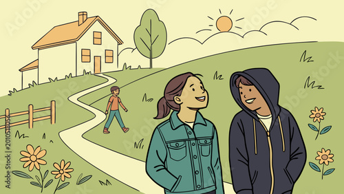 Two friends talking on a sunny hill with a house and flowers