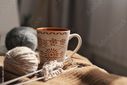 A cup of tea sits next to a ball of yarn and knitting needles on a knit blanket. Sunlight fills the room creating a warm atmosphere in the afternoon hours