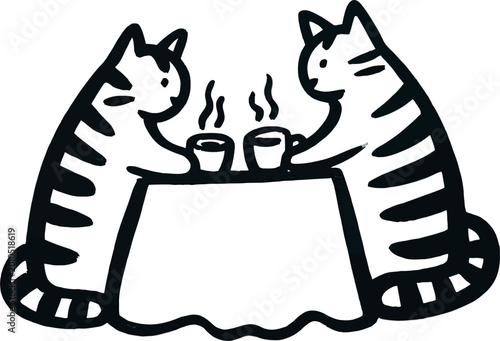 Two happy cats sit at table drinking coffee together sharing nice moment.