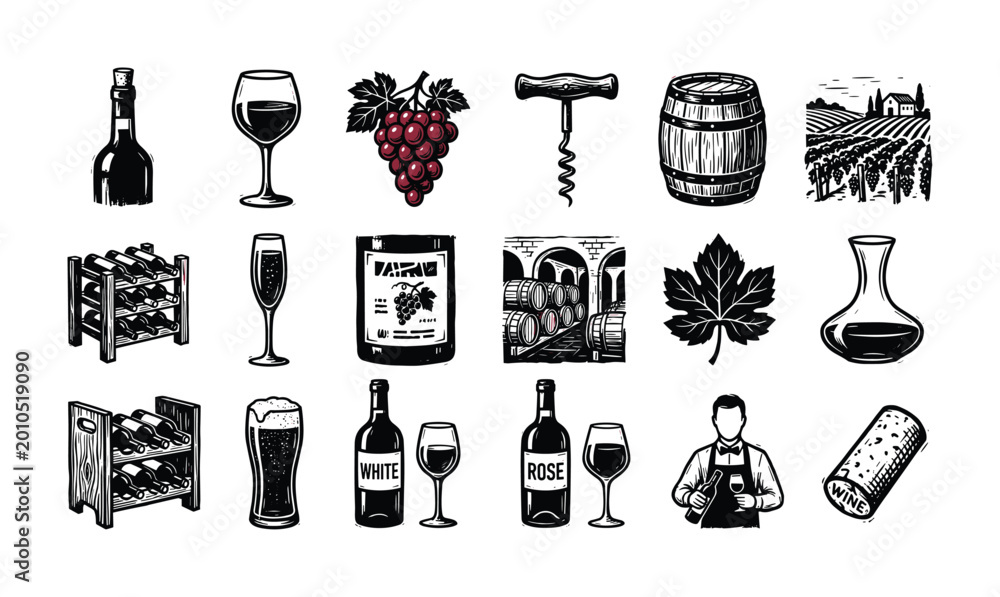 Fototapeta premium Wine-themed illustrations featuring bottles, glasses, and vineyard elements