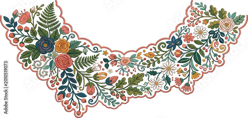 Photos Vintage Floral Neckline Embroidery Design with Ornate Flowers and Leaves Decorat