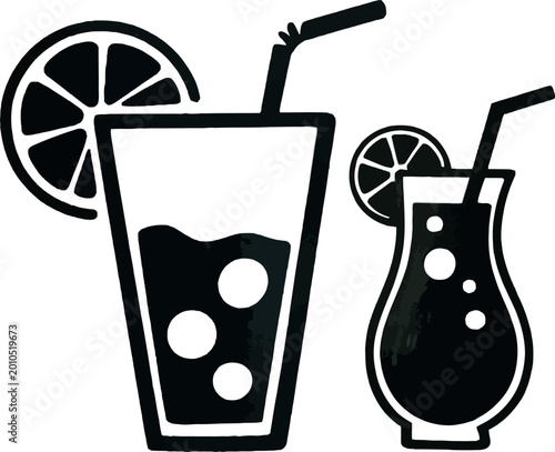 Two refreshing cocktails with lemon slice and straw, stylized black ink drawing on transparent background.