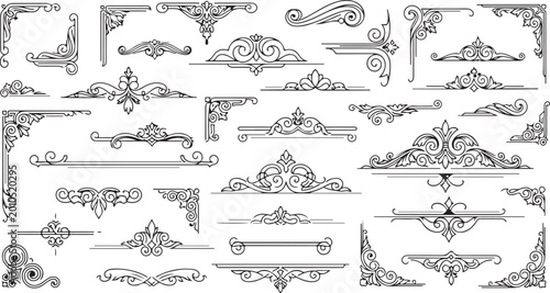 Vintage ornamental dividers and corners set, elegant black filigree vector flourishes, decorative floral swirl borders for wedding invitations