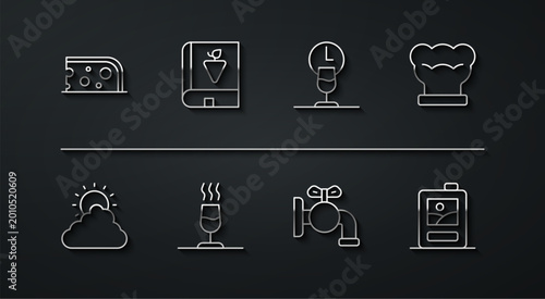 Set line Cheese, Sun and cloud weather, Chef hat, Tap for barrel, Wine tasting, degustation, Book about grapes, Cardboard box of wine and time icon. Vector