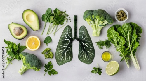 Vibrant flat lay featuring avocados broccoli lemon lime spinach and assorted herbs surrounding a detailed lung model curated to represent a healthy diet for lung function and overall well being