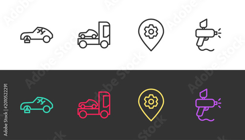 Set line Broken car, Car transporter truck, Location with service and Paint spray gun on black and white. Vector