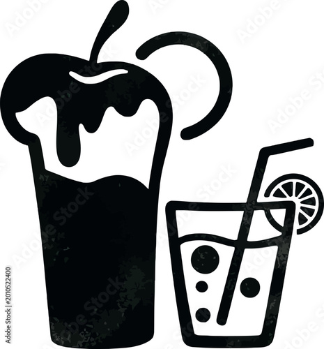 Two refreshing drinks in glasses with straws and lemon slice on transparent background for design.