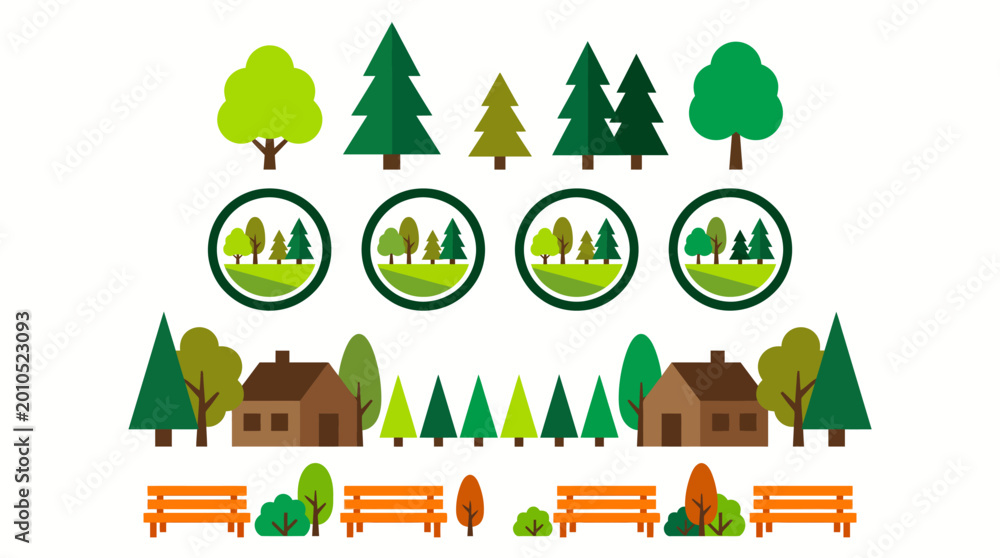 Fototapeta premium Stylized forest park scene with diverse trees, circular forest icons, benches, and log cabins in a vector nature illustration