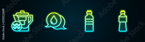 Set line Water jug with a filter, drop speech bubbles, Bottle of water and . Glowing neon icon. Vector
