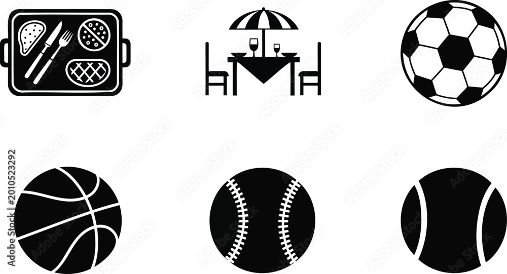 Obraz premium Set of sports balls and food tray icons in vector silhouette style for outdoor activities.