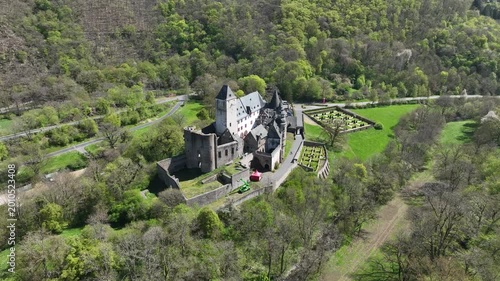 Aerial view of Bürresheim Castle, municipality of Sankt Johann, Rhineland-Palatinate, Mayen, Germany
