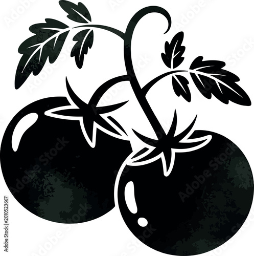Two ripe red tomatoes on vine with green leaves stylized vector illustration.