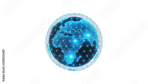Obraz na plátně Digital glowing blue Earth with interconnected nodes and bright lights, isolated