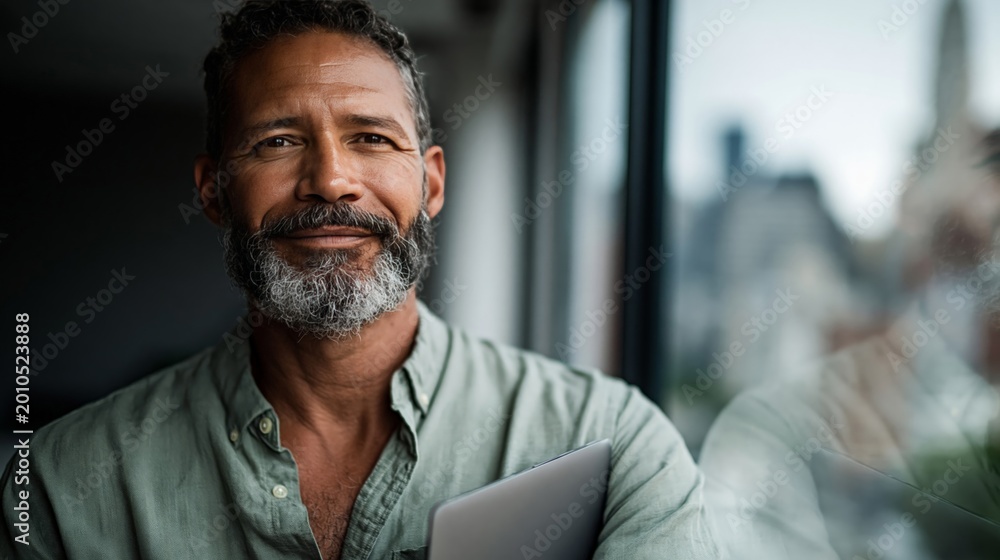 Obraz premium Mature man with beard holding tablet by window with city view. Remote work, digital business, and professional success concept.