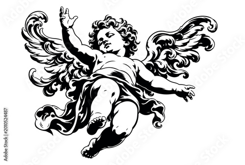 Cherub with wings flying high.