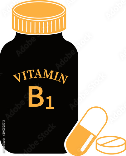 Bild auf Leinwand Vitamin b1 bottle icon, thiamine dietary supplement with capsule and pill, healt