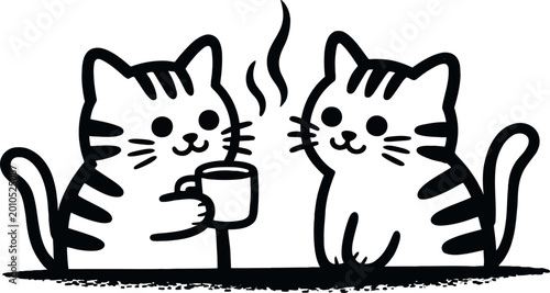 Whimsical cats with coffee cups sharing a moment of joy and companionship.