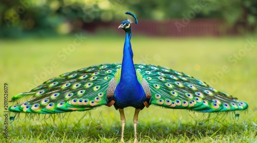 A stunningly colorful peacock stands proudly in a natural setting showcasing its fully spread iridescent tail feathers adorned with eye spot patterns