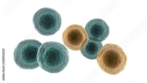 Group of blue and brown cells some healthy some diseased, isolated on transparent background