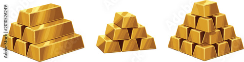 Foto Set of stacked gold bars in pyramid arrangements, shiny metallic bullion ingots