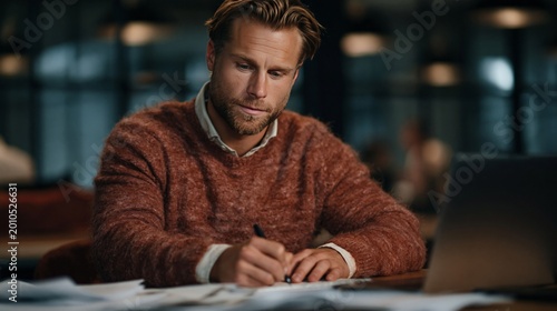 Focused man writing at desk in modern office. Professional concentration, business planning, and workplace productivity concept.
