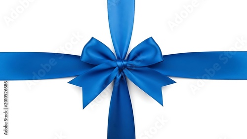 A blue ribbon tied in a bow on a white background