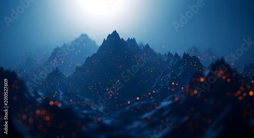 Abstract dark mountain landscape with glowing orange embers and soft blue moonlight