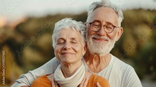 A serene portrait of an elderly couple sharing a tender moment outdoors embracing with eyes closed and gentle smiles conveying peace and contentment in their relationship
