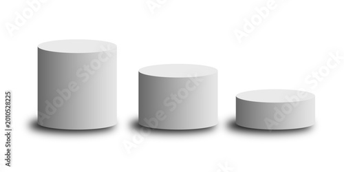 Fotografie White rounded cylinder or pedestal 3D podium stages with different height for showcase product, display, presentation, marketing, cosmetic, modern design and mockup