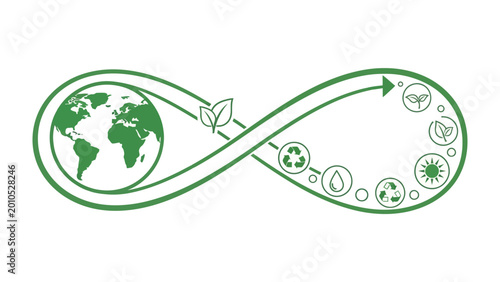 Eco-Friendly World Concept: An illustration embodies environmental sustainability, displaying the earth encircled by an infinity loop, featuring icons of nature and renewal.