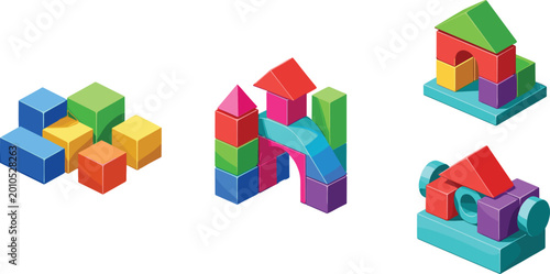 Bild auf Leinwand Colorful building block constructions including house, bridge and vehicle, creat