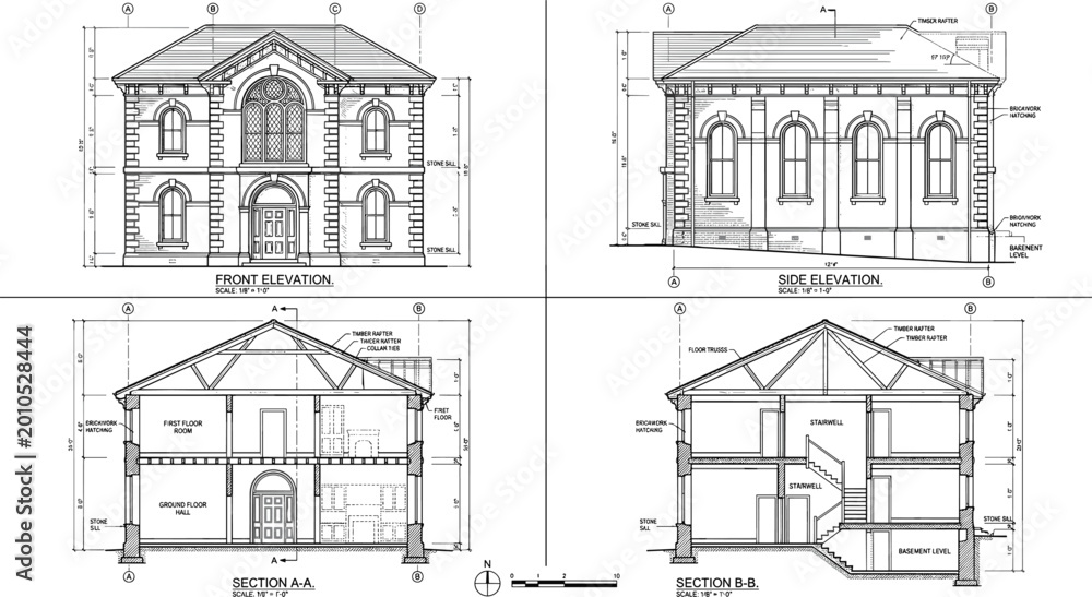 Obraz premium Detailed House Architectural Drawings with Front Elevation, Side Elevation, and Section Views for Construction and Engineering Design