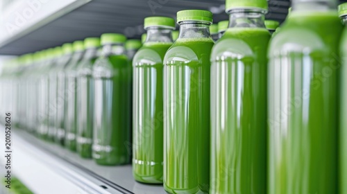 A symmetrical lineup of clear glass bottles containing fresh vibrant green juice showcasing a healthy beverage product ready for distribution or sale on a modern shelf
