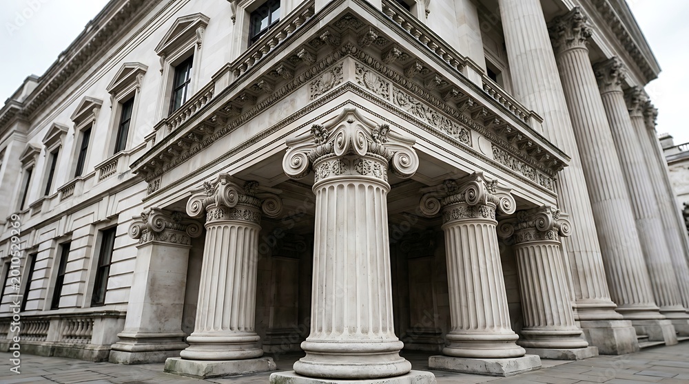 Fototapeta premium Grand neoclassical building facade with ornate columns and intricate architectural details in dramatic lighting