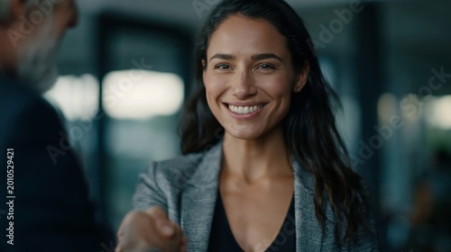 Professional woman smiling during business conversation in modern office. Corporate communication, client meeting, and workplace confidence concept.