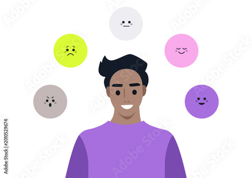 A young individual stands amid colorful circles symbolizing various emotions, showcasing a unique emotional spectrum that invites viewers to reflect on their own feelings and experiences.