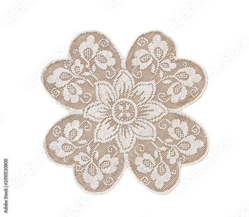 Light beige embroidered flower applique isolated on transparent background. Decorative textile element ideal for design mockup, branding, wedding stationery, or fabric embellishment.