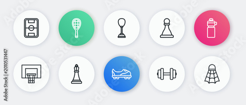 Set line Football shoes, Fitness shaker, Basketball backboard, Dumbbell, Chess, Punching bag, Badminton shuttlecock and icon. Vector
