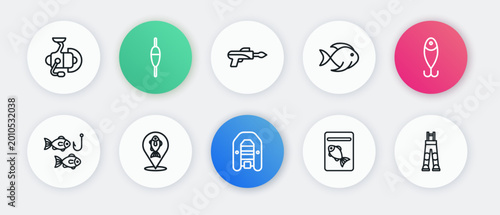 Foto Set line Inflatable boat with motor, Fishing lure, hook fish, Served on plate, harpoon, Fisherman pants and Location fishing icon