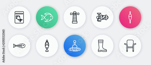 Set line Fishing float in water, skeleton, boots, Spinning reel for fishing, Lighthouse, Camping folding chair and lure icon. Vector