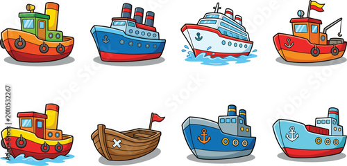 Foto Set of colorful cartoon ship and boat icons including tugboats steamships cruise