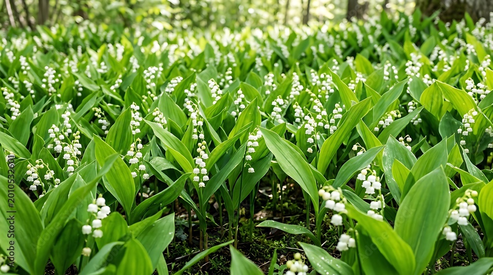 Fototapeta premium Lush springtime lily of the valley flowers blooming in vibrant green forest meadow under soft natural sunlight