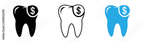 Dental finance concept tooth icon with dollar sign in three color variations