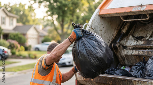 A male waste collector in an orange vest lifts a black garbage bag into a truck. The scene is set in a residential area with trees and houses in the background.