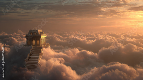 Floating mansion above clouds, marble stairs leading into the sky, golden sunset, surreal luxury fantasy, ultra realistic lighting. 