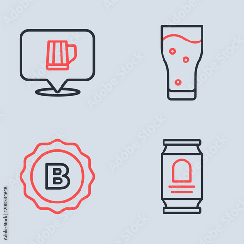 Set line Glass of beer, Bottle cap, Beer can and Wooden mug icon. Vector