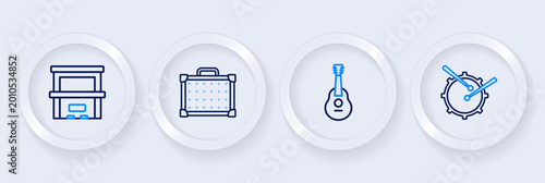 Set line Drum with drum sticks, Guitar, amplifier and Piano icon. Vector