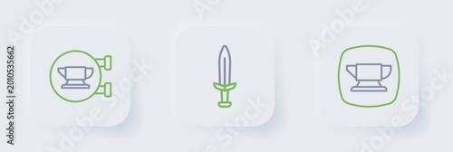 Quadro em tela Set line Blacksmith anvil tool, Medieval sword and icon. Vector